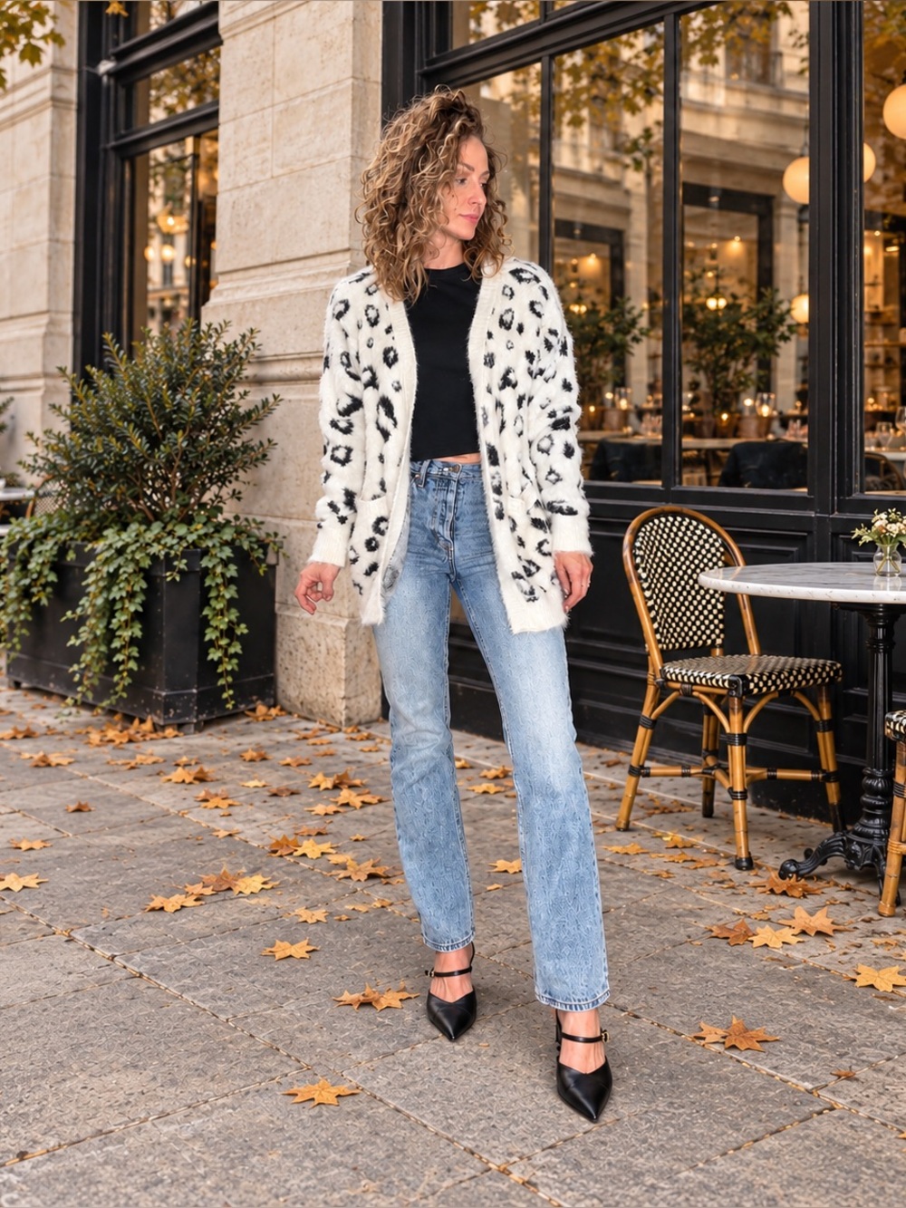 Bluivy Fuzzy Leopard Print Cardigan Ivory & Black M/L